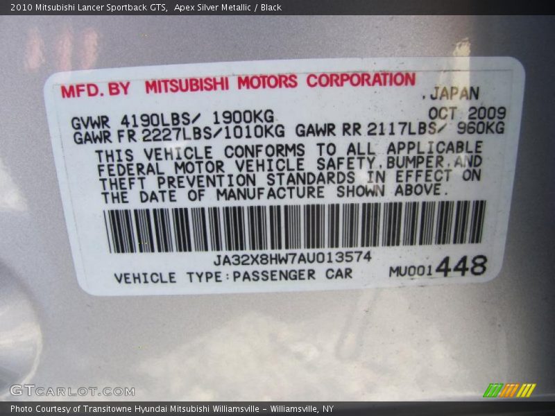Apex Silver Metallic / Black 2010 Mitsubishi Lancer Sportback GTS