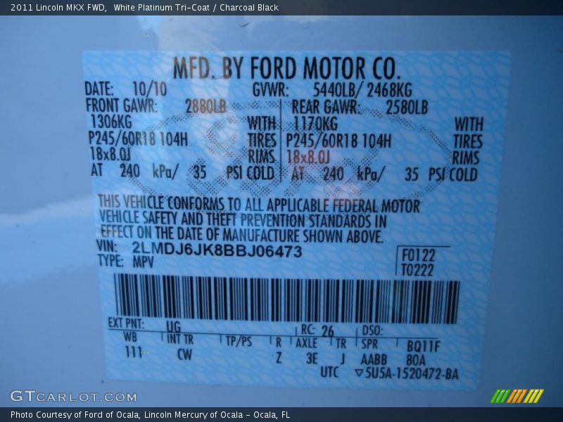 2011 MKX FWD White Platinum Tri-Coat Color Code UG