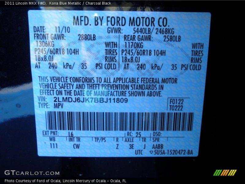2011 MKX FWD Kona Blue Metallic Color Code L6