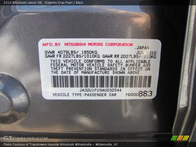 Graphite Gray Pearl / Black 2010 Mitsubishi Lancer DE