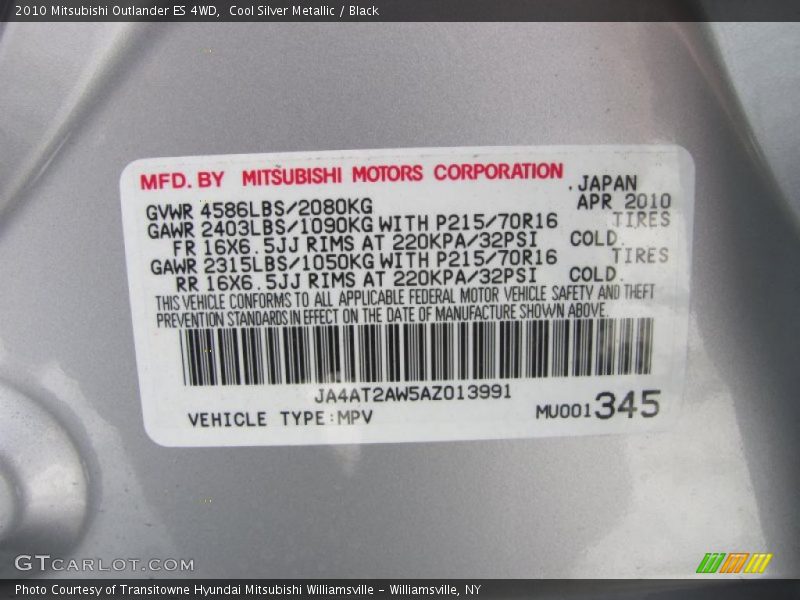Cool Silver Metallic / Black 2010 Mitsubishi Outlander ES 4WD