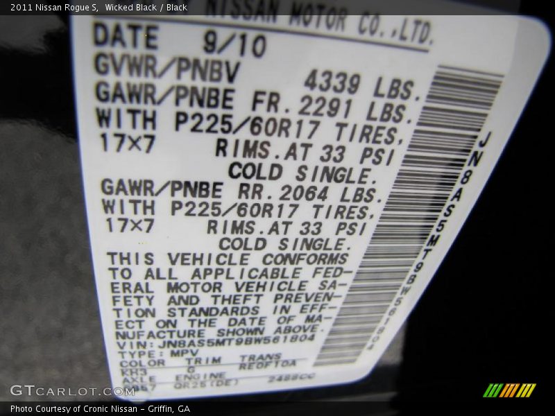 Wicked Black / Black 2011 Nissan Rogue S