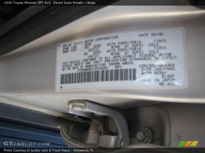 1996 4Runner SR5 4x4 Desert Dune Metallic Color Code 1A5