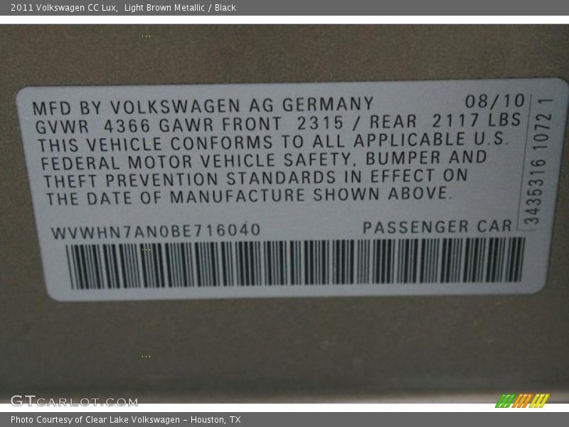 Info Tag of 2011 CC Lux