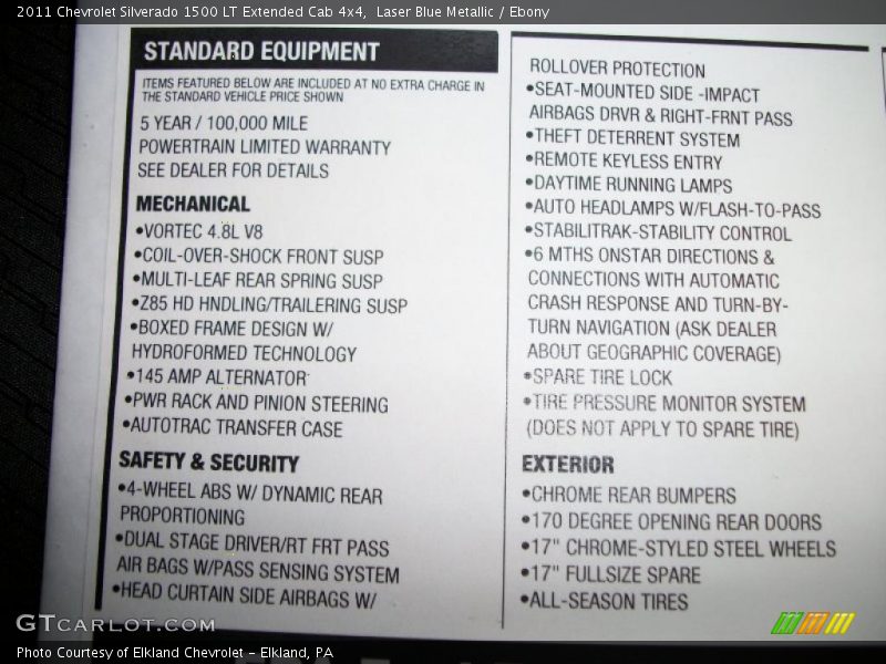 2011 Silverado 1500 LT Extended Cab 4x4 Window Sticker