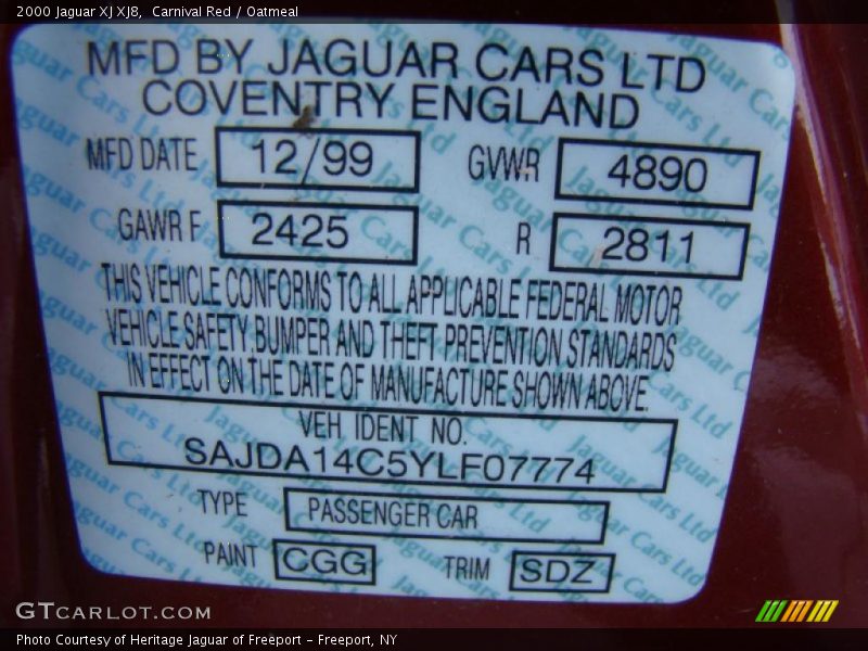 2000 XJ XJ8 Carnival Red Color Code CGG