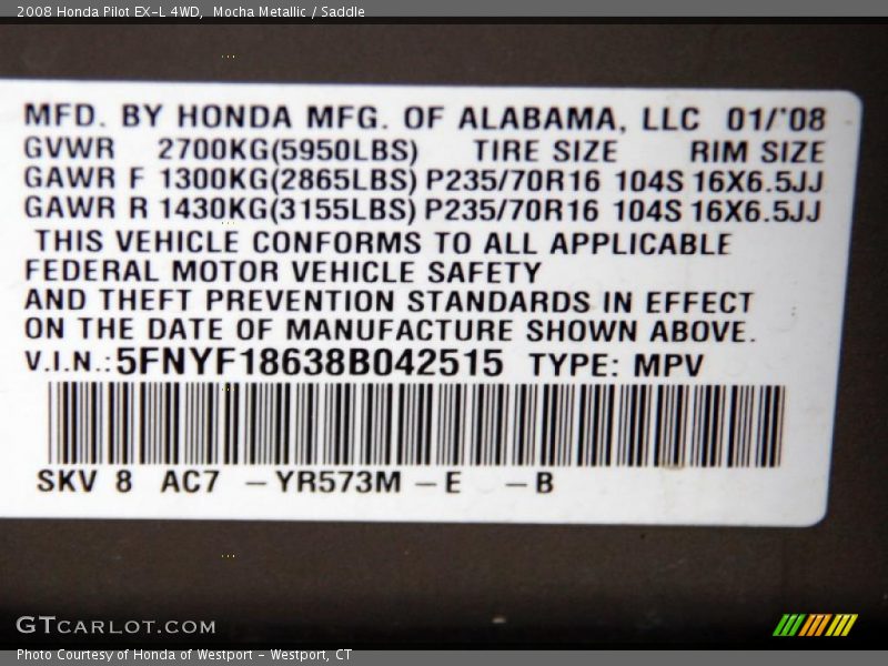 Mocha Metallic / Saddle 2008 Honda Pilot EX-L 4WD