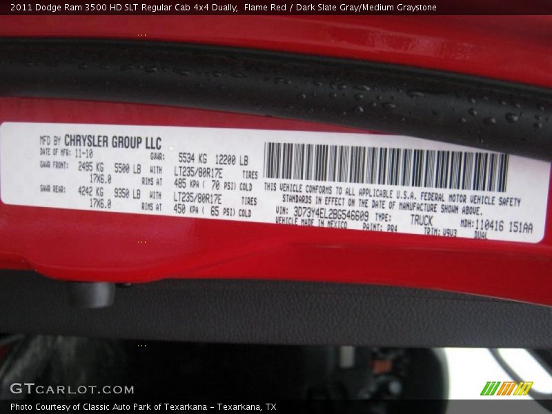 2011 Ram 3500 HD SLT Regular Cab 4x4 Dually Flame Red Color Code PR4