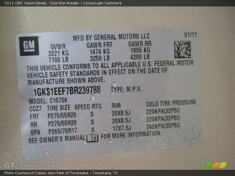 Info Tag of 2011 Yukon Denali