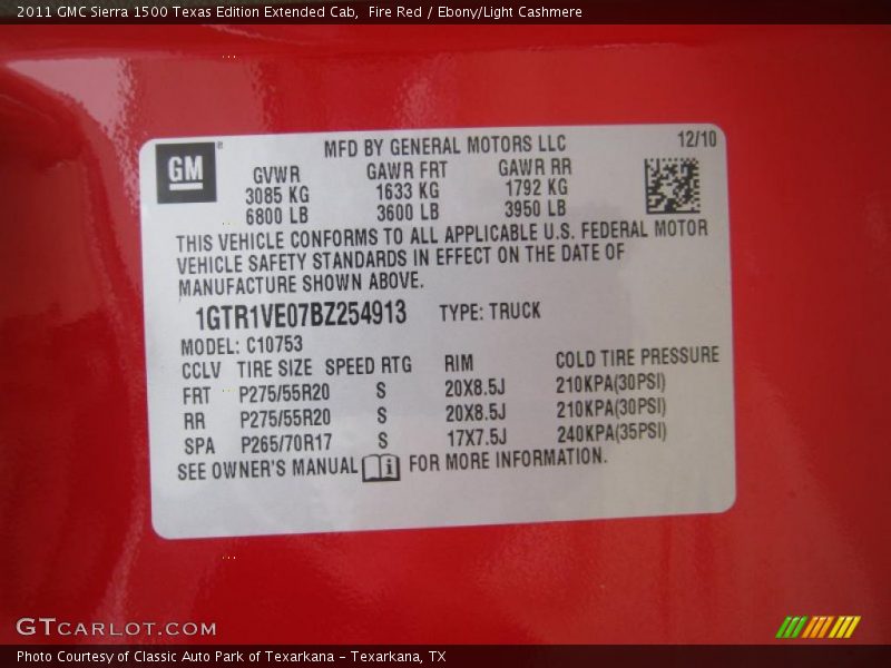 Fire Red / Ebony/Light Cashmere 2011 GMC Sierra 1500 Texas Edition Extended Cab