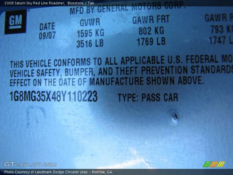 Bluestone / Tan 2008 Saturn Sky Red Line Roadster