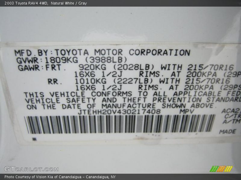 Natural White / Gray 2003 Toyota RAV4 4WD