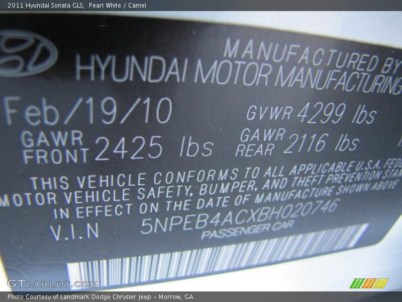Pearl White / Camel 2011 Hyundai Sonata GLS