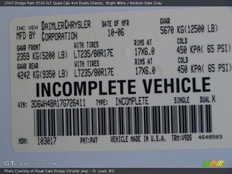 Bright White / Medium Slate Gray 2007 Dodge Ram 3500 SLT Quad Cab 4x4 Dually Chassis