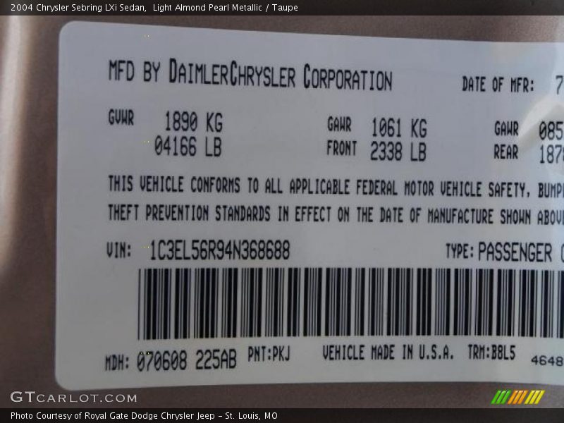 2004 Sebring LXi Sedan Light Almond Pearl Metallic Color Code PKJ