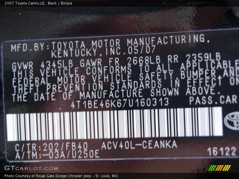 Black / Bisque 2007 Toyota Camry LE