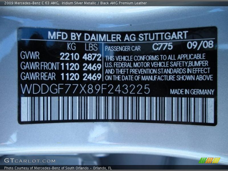 2009 C 63 AMG Iridium Silver Metallic Color Code 775