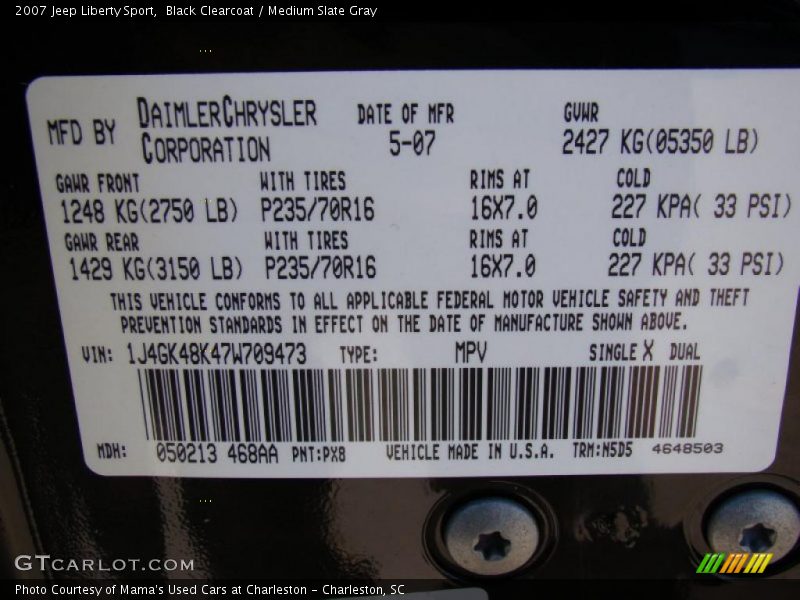 Black Clearcoat / Medium Slate Gray 2007 Jeep Liberty Sport
