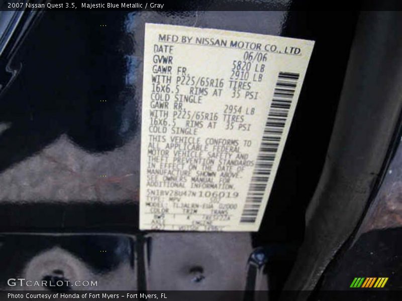 Majestic Blue Metallic / Gray 2007 Nissan Quest 3.5