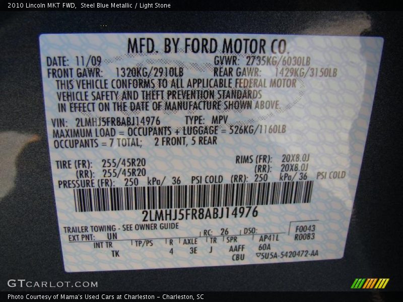 2010 MKT FWD Steel Blue Metallic Color Code UN