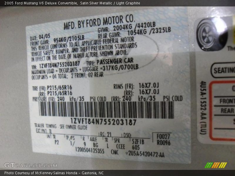 2005 Mustang V6 Deluxe Convertible Satin Silver Metallic Color Code TL