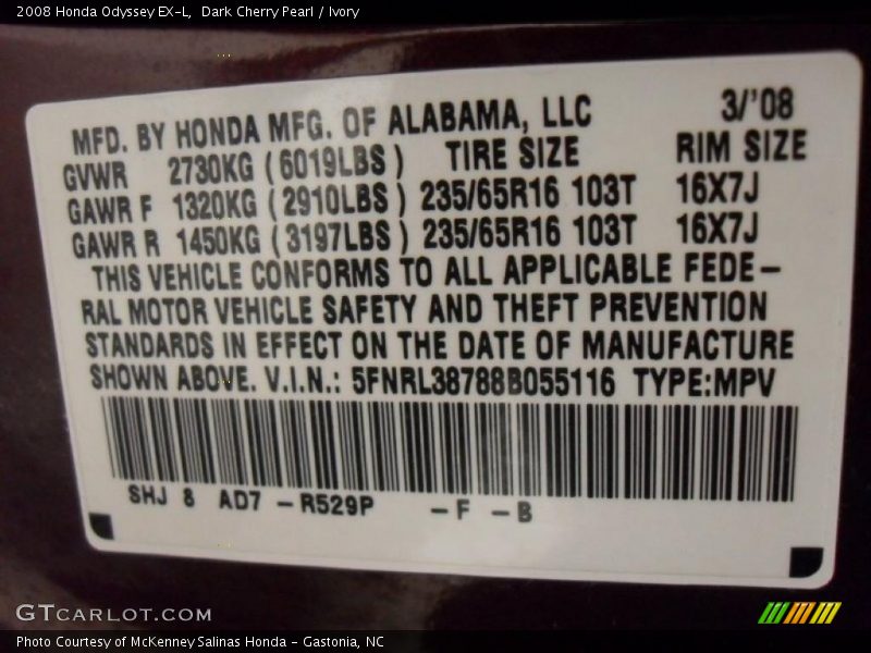 Dark Cherry Pearl / Ivory 2008 Honda Odyssey EX-L