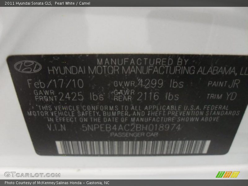Pearl White / Camel 2011 Hyundai Sonata GLS