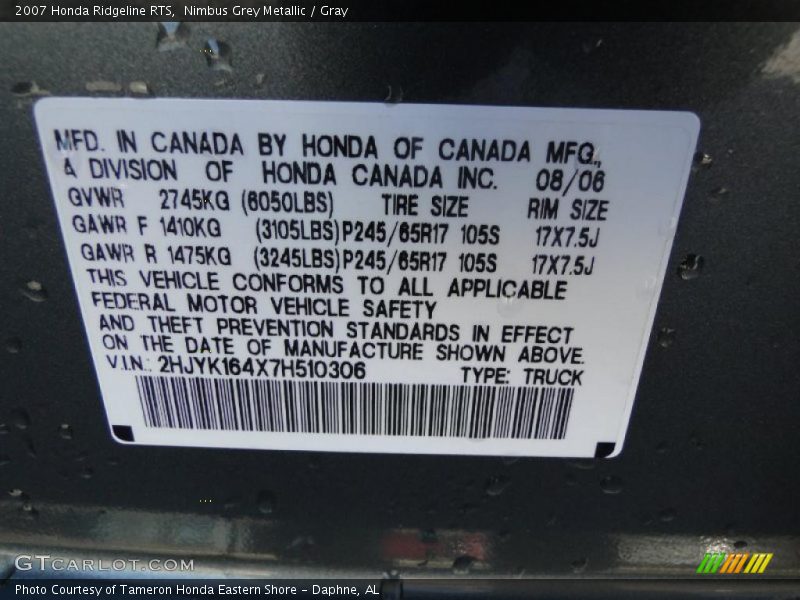 Nimbus Grey Metallic / Gray 2007 Honda Ridgeline RTS