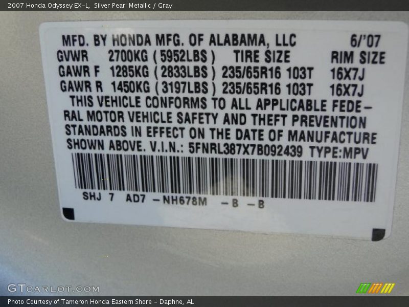 Silver Pearl Metallic / Gray 2007 Honda Odyssey EX-L