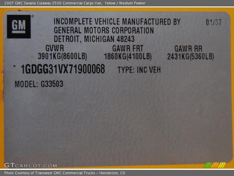 Yellow / Medium Pewter 2007 GMC Savana Cutaway 3500 Commercial Cargo Van