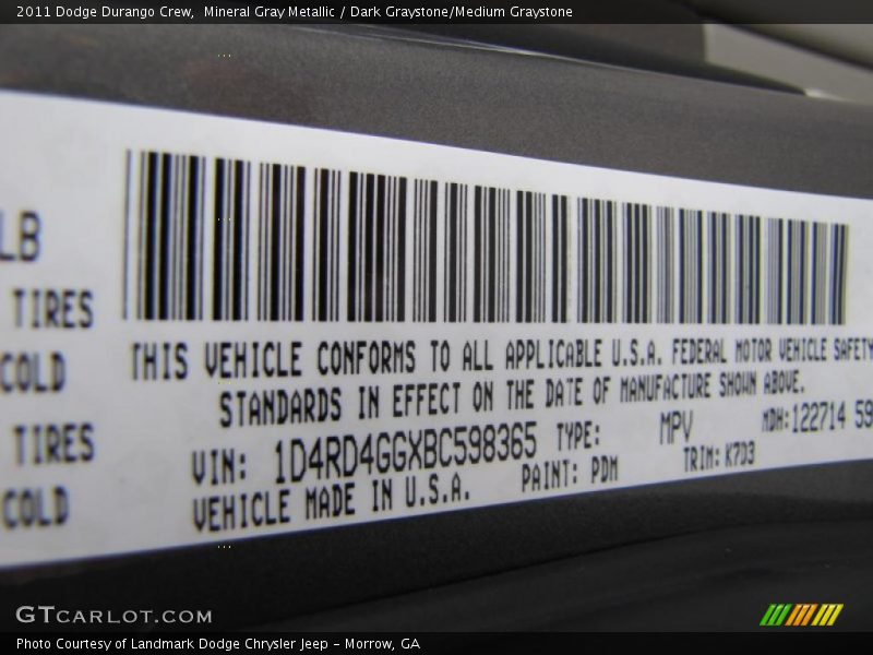 2011 Durango Crew Mineral Gray Metallic Color Code PDM