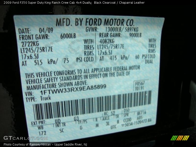 2009 F350 Super Duty King Ranch Crew Cab 4x4 Dually Black Clearcoat Color Code UD