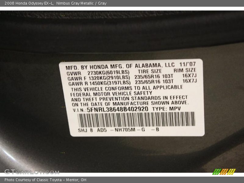 Nimbus Gray Metallic / Gray 2008 Honda Odyssey EX-L