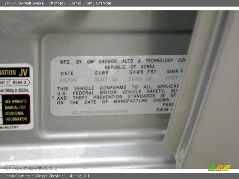 Info Tag of 2006 Aveo LT Hatchback
