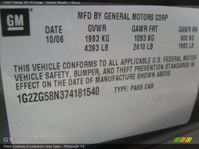 Granite Metallic / Ebony 2007 Pontiac G6 V6 Sedan