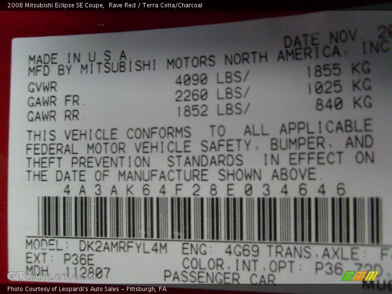 2008 Eclipse SE Coupe Rave Red Color Code P36