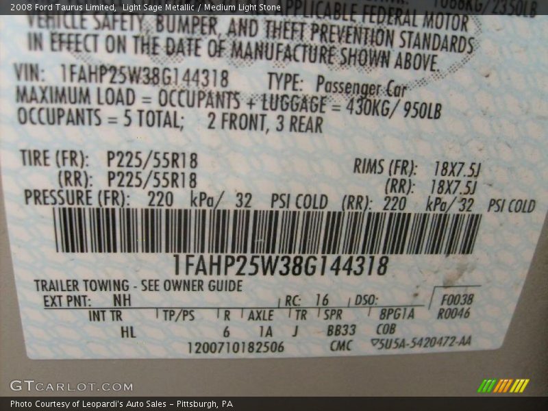 Light Sage Metallic / Medium Light Stone 2008 Ford Taurus Limited