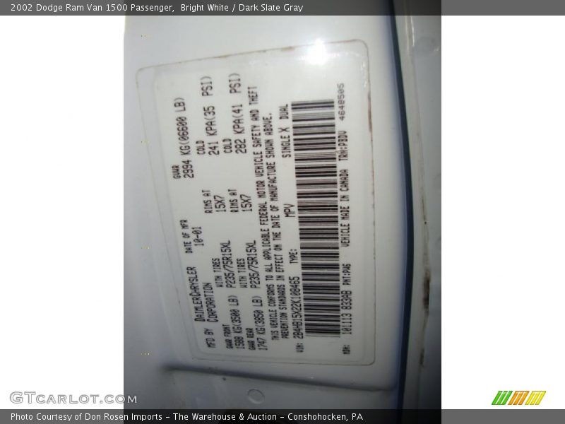 Bright White / Dark Slate Gray 2002 Dodge Ram Van 1500 Passenger