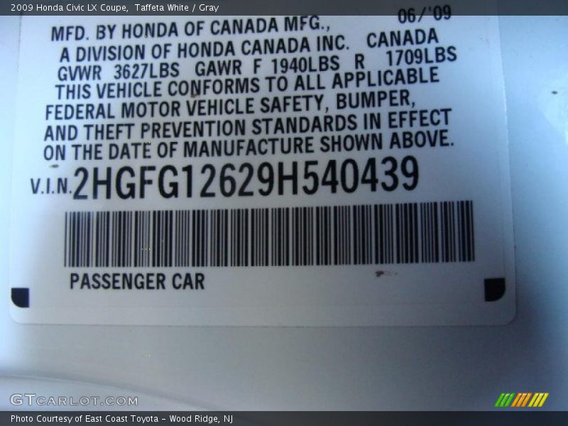 Taffeta White / Gray 2009 Honda Civic LX Coupe