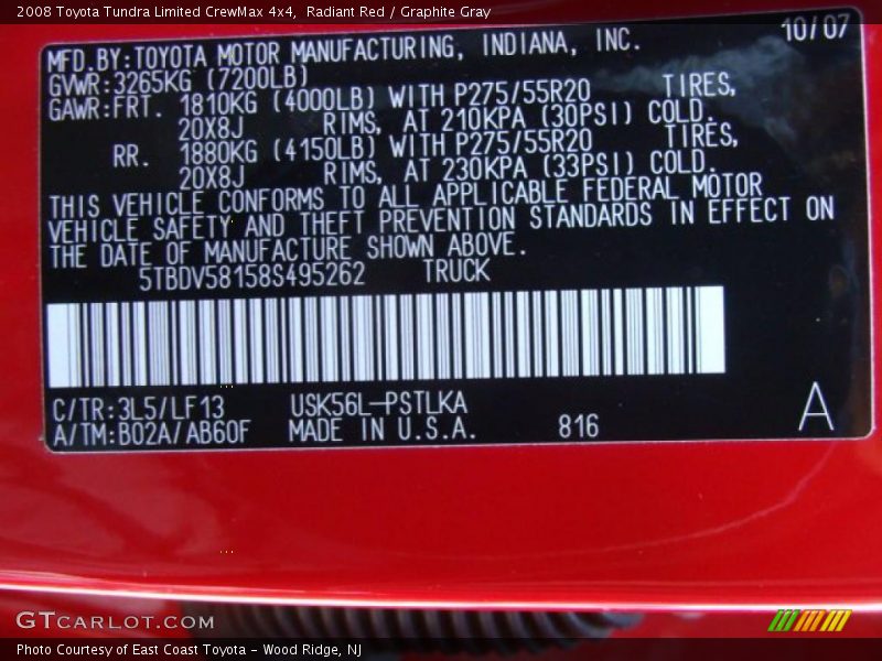 2008 Tundra Limited CrewMax 4x4 Radiant Red Color Code 3L5