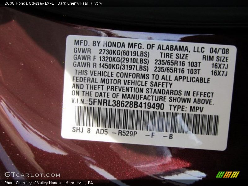 Dark Cherry Pearl / Ivory 2008 Honda Odyssey EX-L