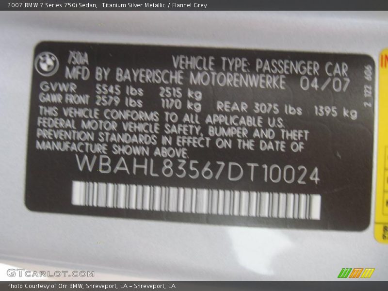 Titanium Silver Metallic / Flannel Grey 2007 BMW 7 Series 750i Sedan