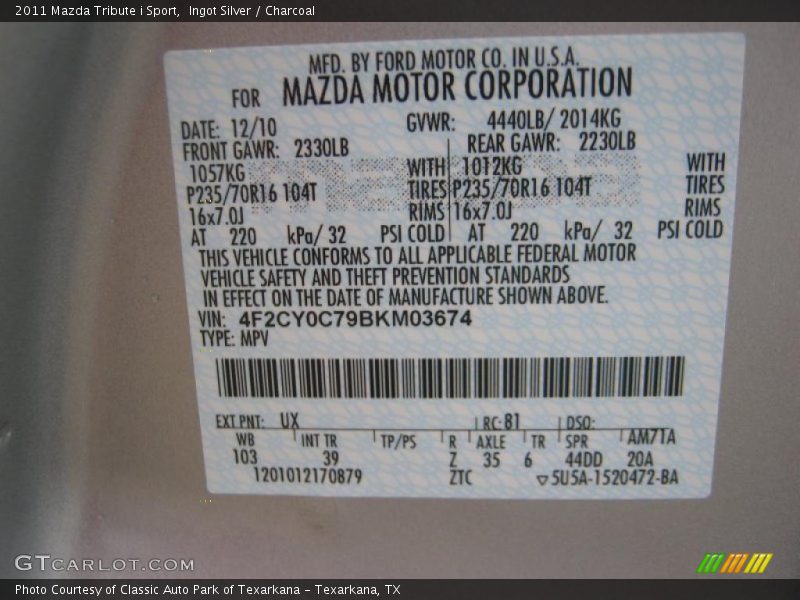 Ingot Silver / Charcoal 2011 Mazda Tribute i Sport
