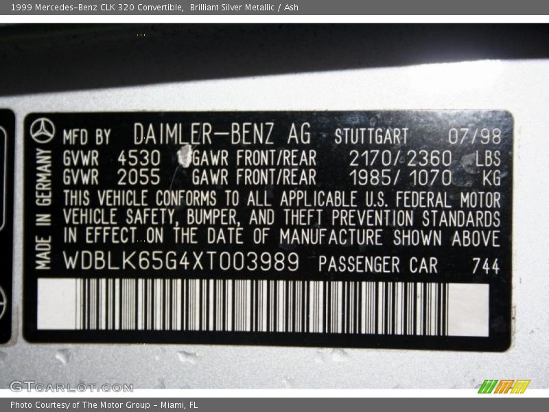 Info Tag of 1999 CLK 320 Convertible