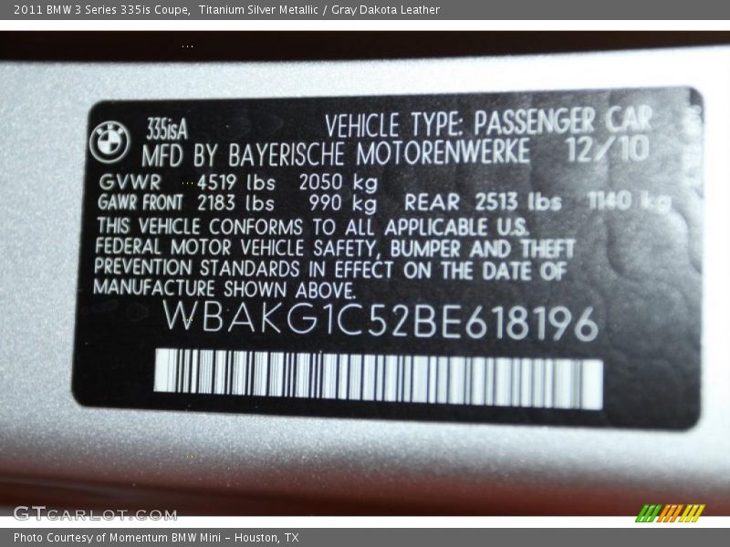 Titanium Silver Metallic / Gray Dakota Leather 2011 BMW 3 Series 335is Coupe