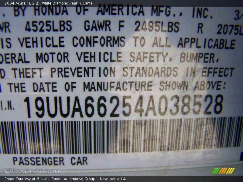 White Diamond Pearl / Camel 2004 Acura TL 3.2