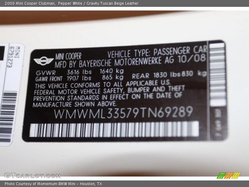 Pepper White / Gravity Tuscan Beige Leather 2009 Mini Cooper Clubman