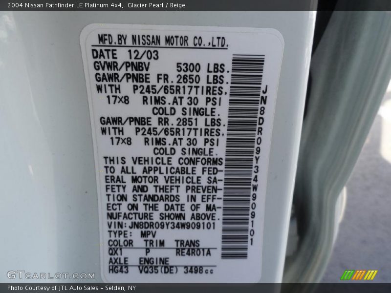 Glacier Pearl / Beige 2004 Nissan Pathfinder LE Platinum 4x4