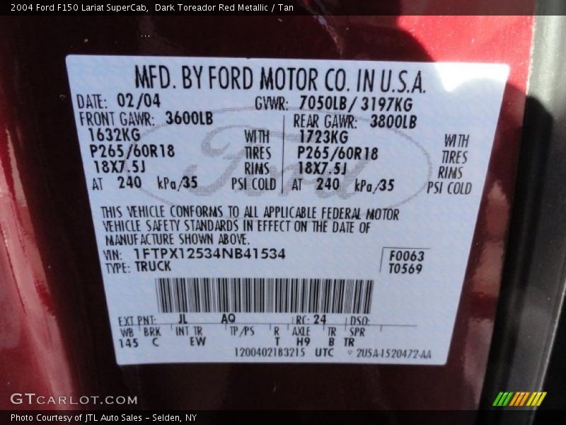 2004 F150 Lariat SuperCab Dark Toreador Red Metallic Color Code JL