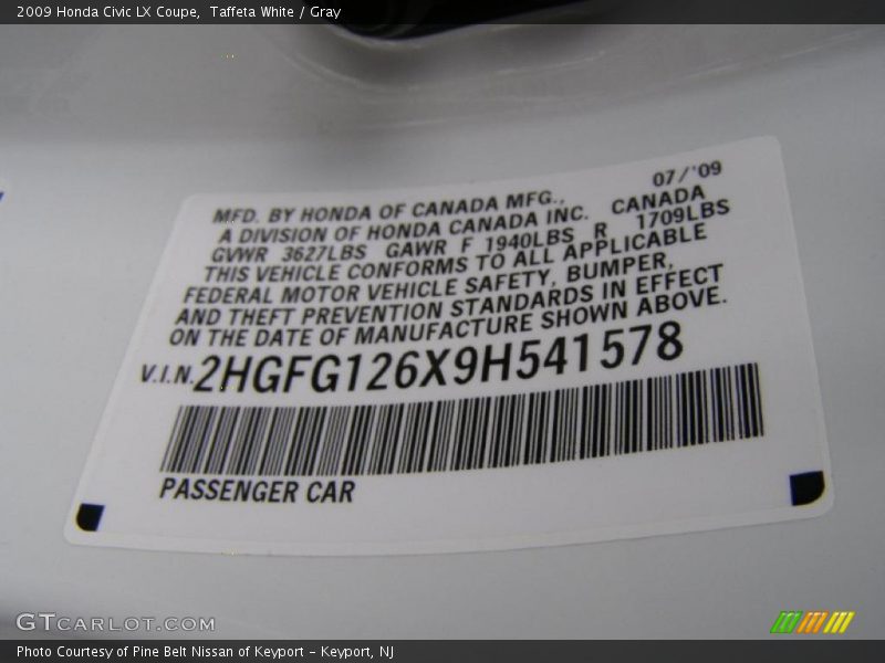 Taffeta White / Gray 2009 Honda Civic LX Coupe
